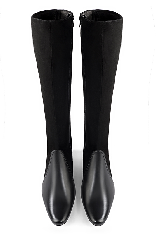 Satin black women's feminine knee-high boots. Round toe. Low flare heels. Made to measure. Top view - Florence KOOIJMAN
